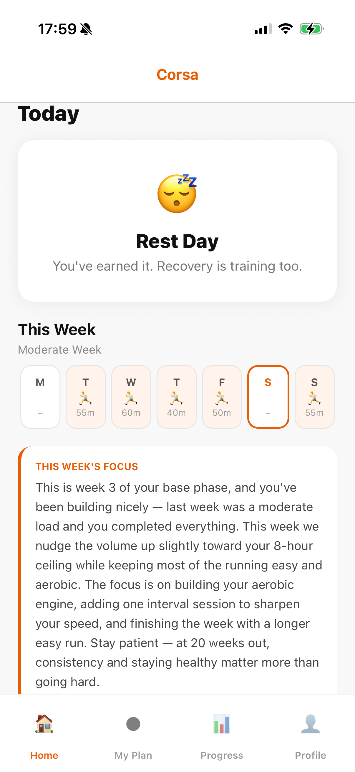 Corsa weekly plan view — calendar strip with durations and the week’s focus